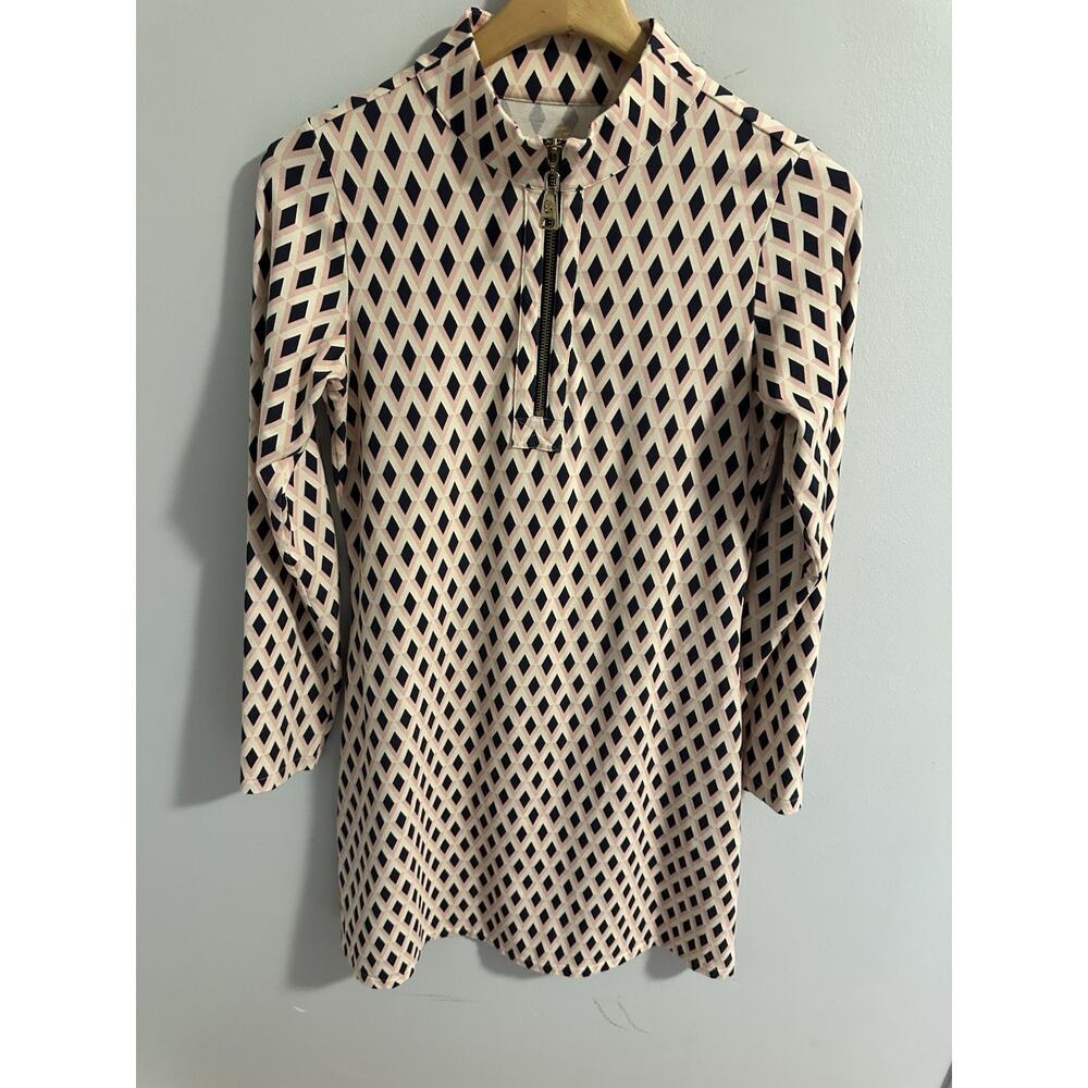 Spartina 449 Geometric Print Quarter Zip Pink Navy Size Small Resort Coastal